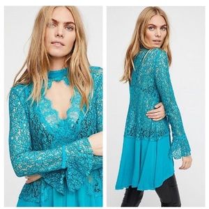 Blue teal long sleeve lace top free people small